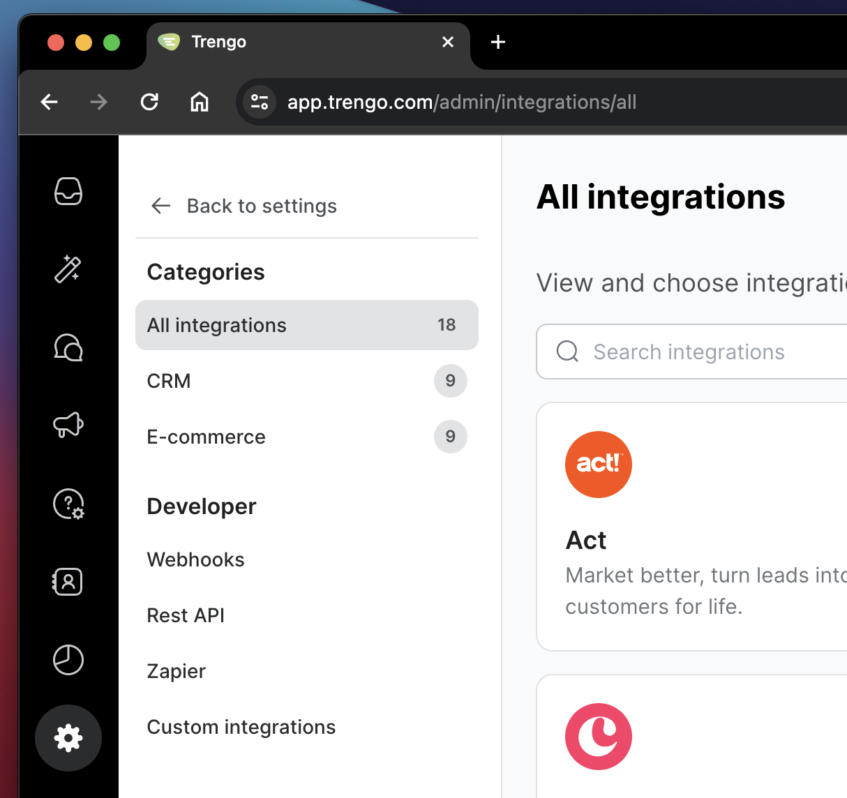 Click on Integrations in the Settings menu in the Admin interface